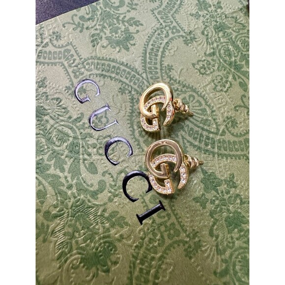 Gucci GG Logo Crystal Gold Tone Stud Earrings - Picture 1 of 14